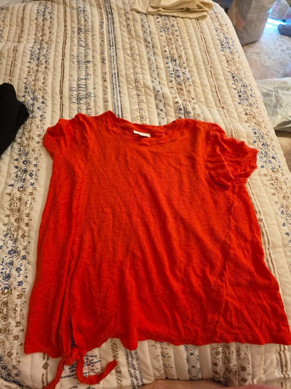 J.Jill Love Linen Orange Short Sleeve Crewneck T-Shirt with Tie Detail